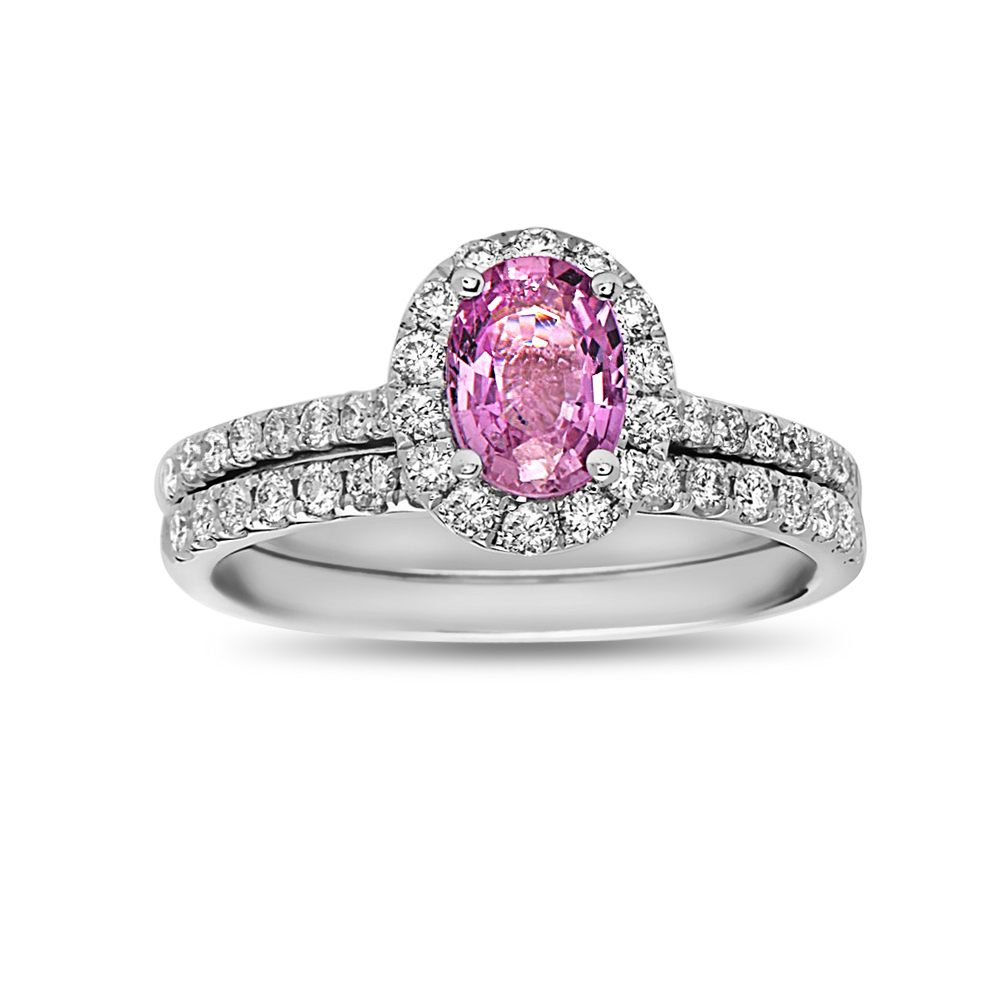 View 0.60ctw Diamond and  Oval Pink Sapphire Engagement Halo Ring Set in 14k White Gold